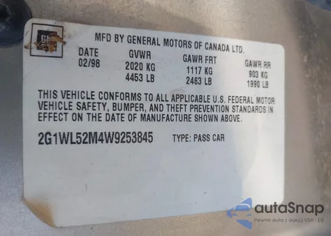 1998 Chevrolet Lumina Ls z USA, uszkodzony, nr VIN 2G1WL52M4W9253845